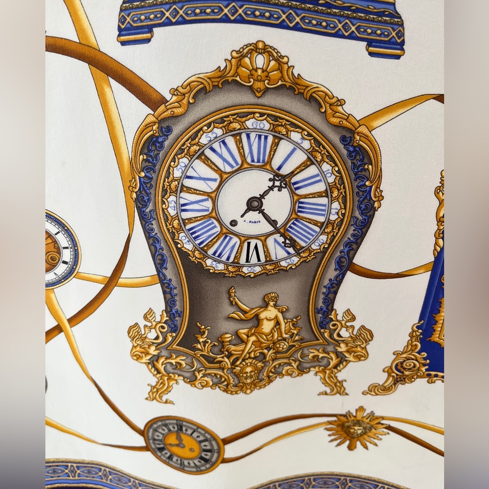 SCARF Square Unsigned Classic Clock Pattern Navy Gold Cream Timeless Chic - Picture 10 of 16